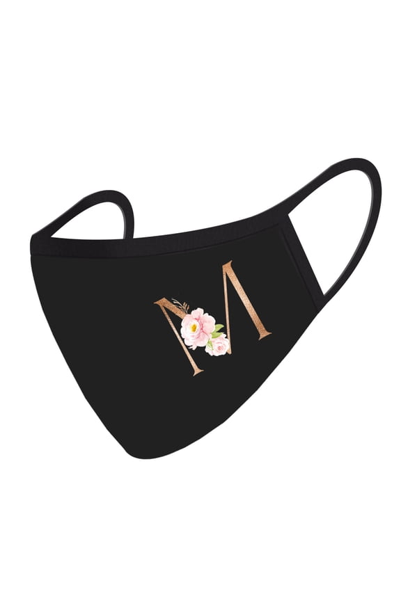 Wedding Face Mask, Black Pink Floral Monogram M, 1 Replaceable PM 2.5 Protection Filter