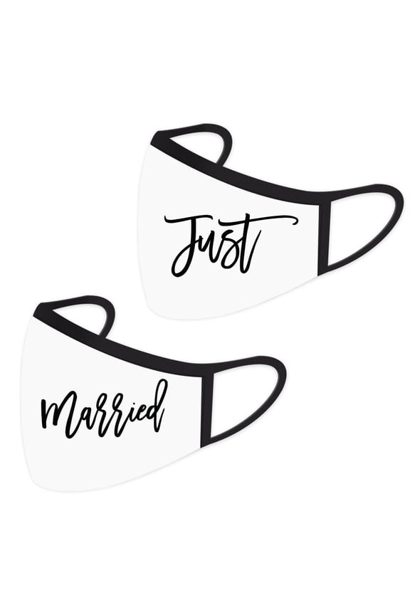 Wedding Face Mask, Just Married Design, White Cloth Face Masks with 1 Replaceable PM 2.5 Filter, 2-Pack