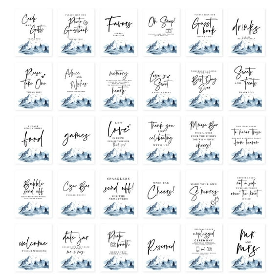 Koyal Wholesale Winter Forest Wedding Signs Bundle Set for Ceremony, Reception Decor Signage, 8.5 x 11", 30-Pack