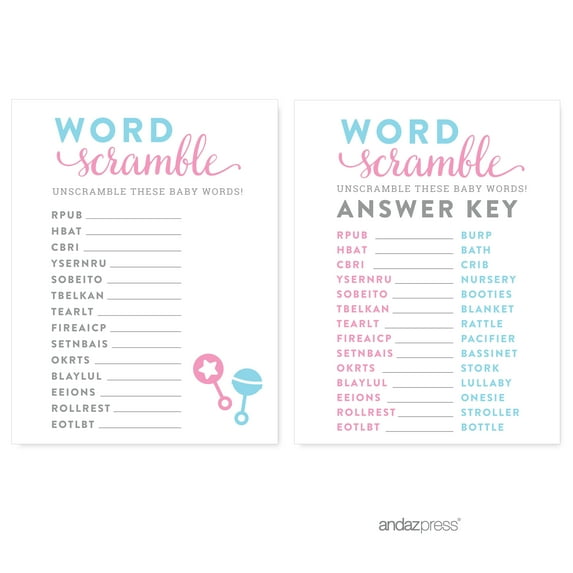 Koyal Wholesale Word Scramble Team Pink/Blue Gender Reveal Baby Shower Paper Games, Favors 20PC