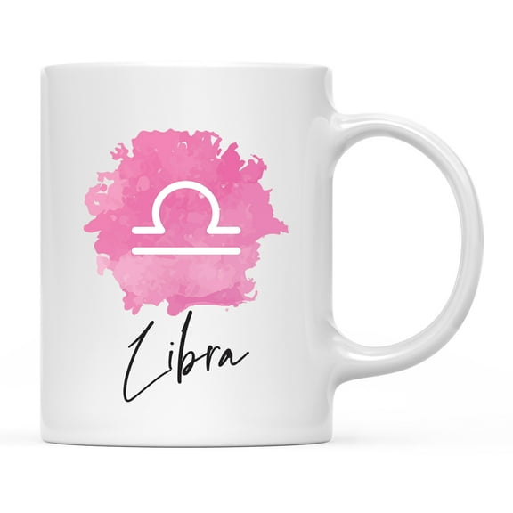 Koyal Wholesale Zodiac Sign Ceramic Coffee Mug, Libra Sign Symbol, Pink Watercolor Design