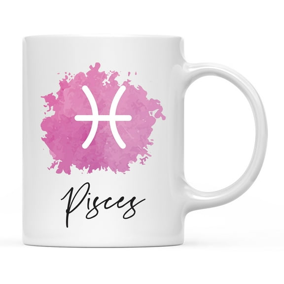 Koyal Wholesale Zodiac Sign Ceramic Coffee Mug, Pisces Sign Symbol, Pink Watercolor Design