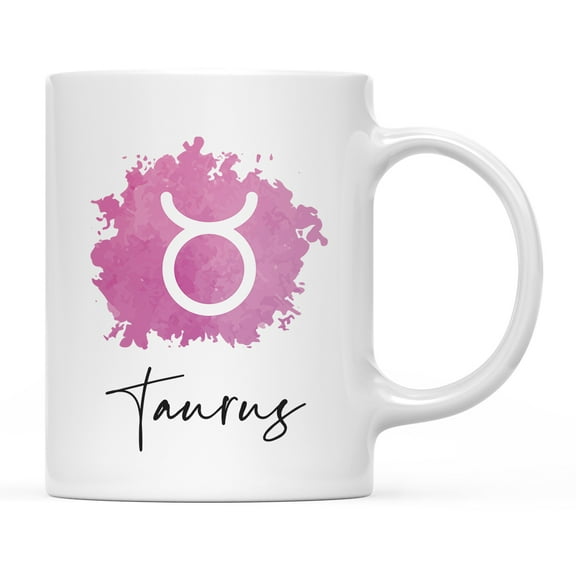 Koyal Wholesale Zodiac Sign Ceramic Coffee Mug, Taurus Sign Symbol, Pink Watercolor Design