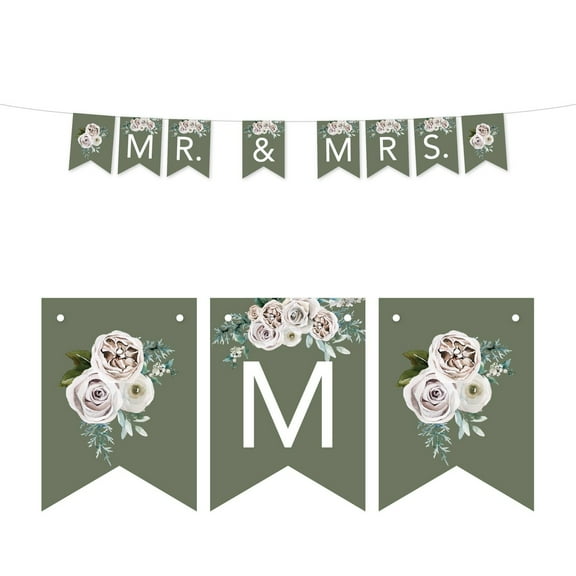 Koyal Wholeslae Sage Green|Cream Floral Blossoms Fall Wedding, Hanging Pennant Party Banner with String, Mr. & Mrs.