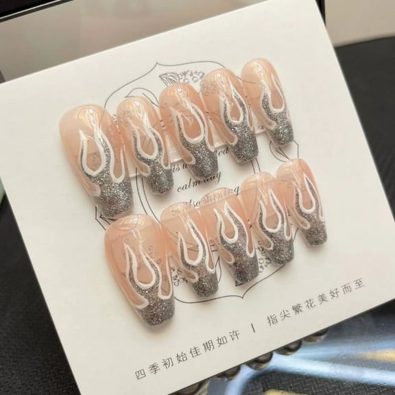 Flame Pattern Medieval Glitter Press On Nails for Women Medium Night Sky Effect Perfect for Energetic Girls Long Lasting