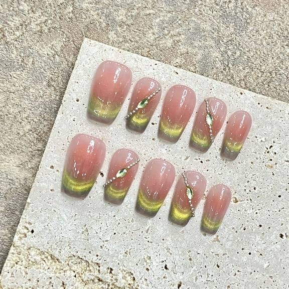 Koyo Soyo Natural Oriental Emerald Set - 10 Pieces, Necklace Manicure with Elegant Pink to Grass Green Gradation M