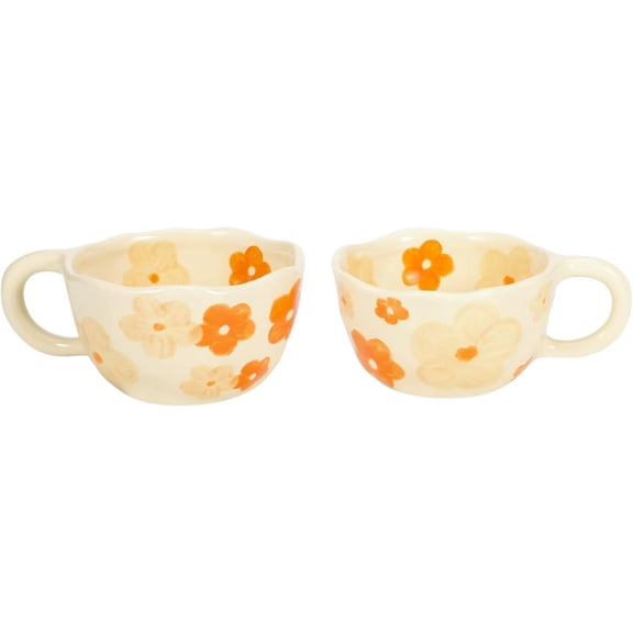 ABPETE 2-Pieces Ceramic Coffee Mugs, Creative Cute Flower Cup for Office and Home, 8.5 oz/250 ml Aesthetic Mug for Latte Tea Milk (2 Orange Flower)