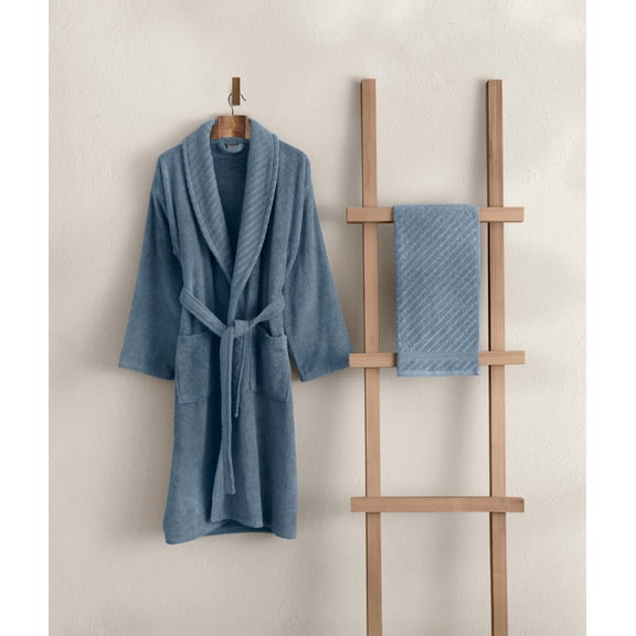Koza Home Likya 100% Cotton Blue Dowry Bathrobe Set of 2 1 Bathrobe 1 Towel 1051A SM