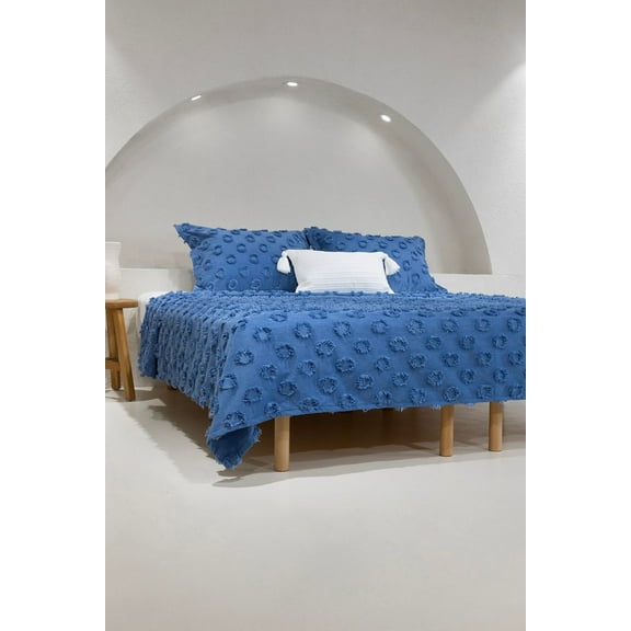 Koza Home Sitra Navy Blue Double Tasseled Bedspread 230x250 2 Pillow 50x70 5034 230 x 250