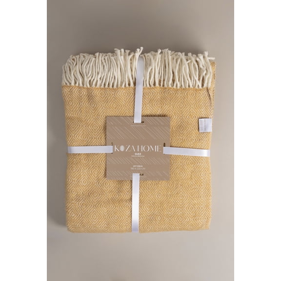 Koza Home Suez Mustard White Color Wool Double Blanket 91252 180x220 cm Double