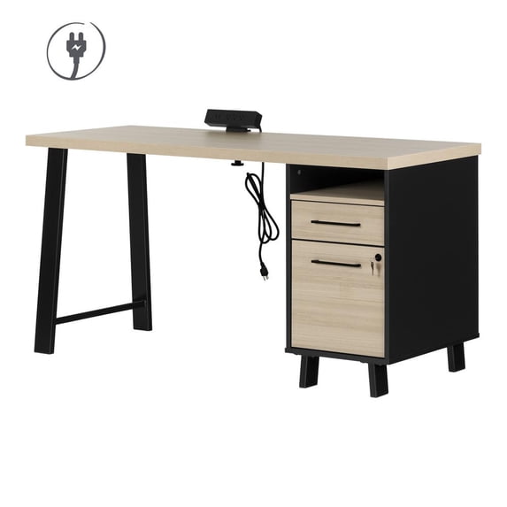 South Shore Furniture Kozack Computer Desk with Power Bar, Soft Elm and Matte Black
