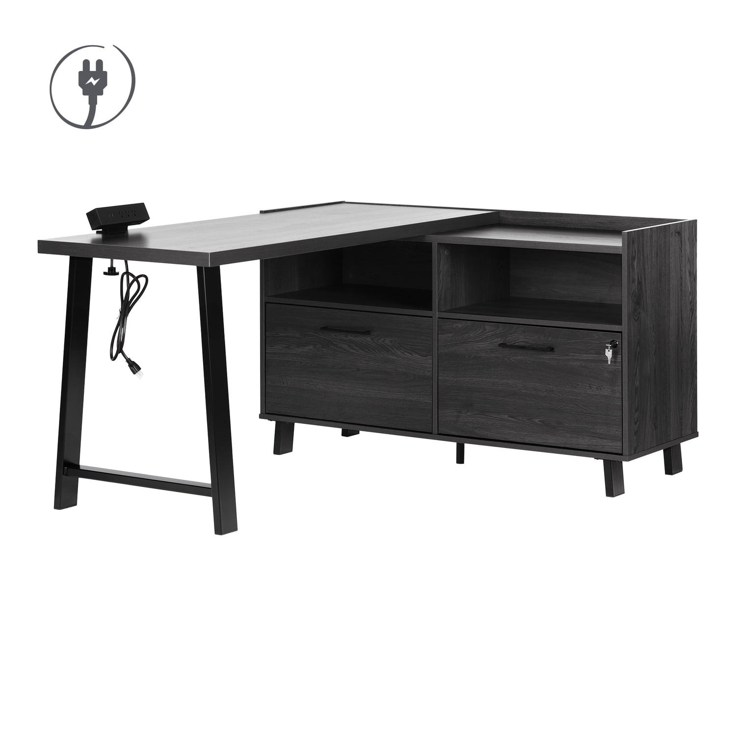 Gray Oak L-Shaped Computer Desk with Power Outlet and Filing Cabinet