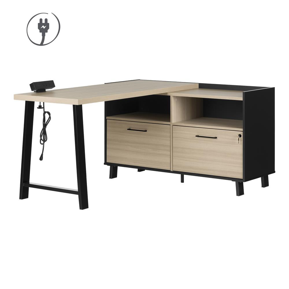 Soft Elm and Matte Black L-Shaped Computer Desk with Power Outlet