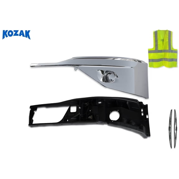 Kozak BUMPER CORNER Chrome without FOG LAMP HOLE (Driver Left Side) SET Compatible with T680 NEXT GEN 2022 2023+ PLUS Logo, 2x22" Windshield Wipers and KOZAK Vest