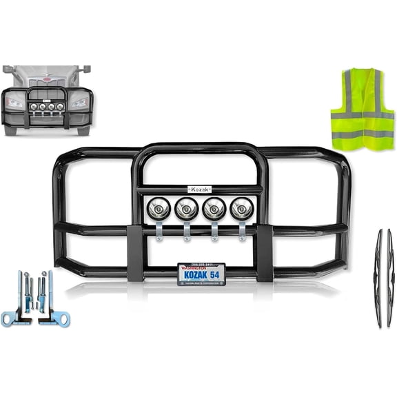 Kozak Black Front Full Grille Deer Moose Brush Bumper Guard - Large Square Compatible with 579 2022+ Without Fogs