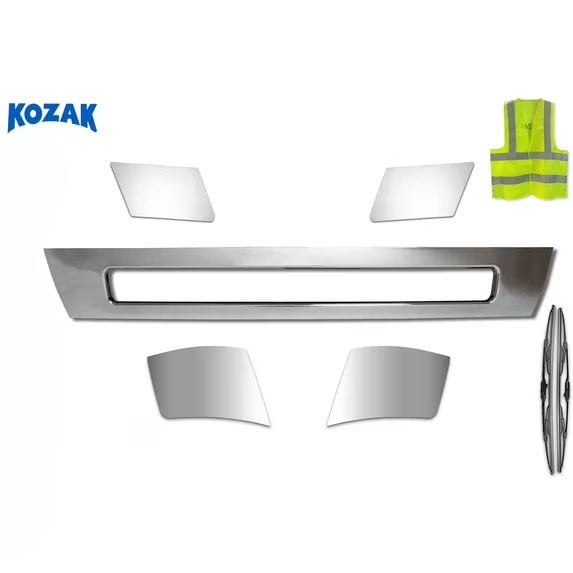 Kozak Central Bumper Strip, Extension Corners Chrome Trim and Chrome Fender Trim Set Compatible with Volvo VNL 2004-2015