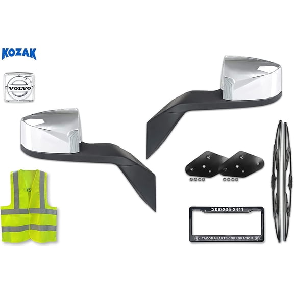 Kozak Chrome Finish Hood Mirrors For VNL 2004-2017 Left Driver and Right Passenger Side Pair with Mounting Kits + Logo, Wiperes, Vest