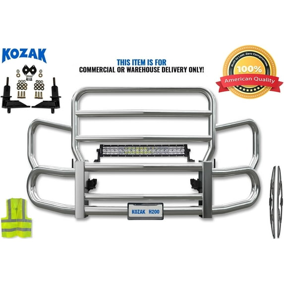 Kozak Front Steel Grille Deer Bumper Guard Herd 300 w/Brackets & 22 inch LED Bar Compatible with Volvo VNL 640 New 2025+