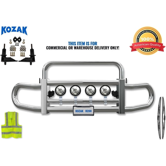 Kozak Front Steel Grille Deer Bumper Guard Herd Series 200 w/Brackets & 4x 6" Round LED Headlights Compatible with Volvo VNR 300 New 2025+