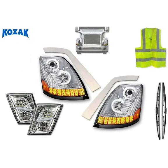 Kozak Full LED Headlights w/ Sequential Turn Signals and Fog Lights Set Compatible with Volvo VNL 2004-2017