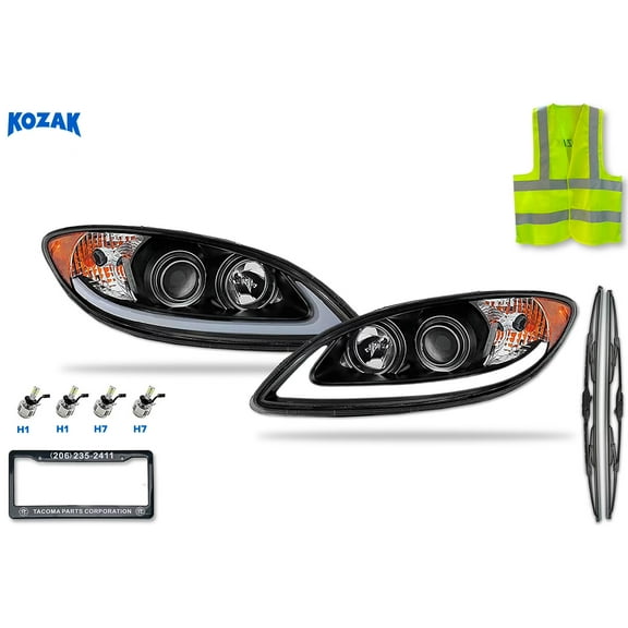 Kozak Black Projector Headlight Pair Set with Glow LED bar Compatible with International Prostar 2008-2016
