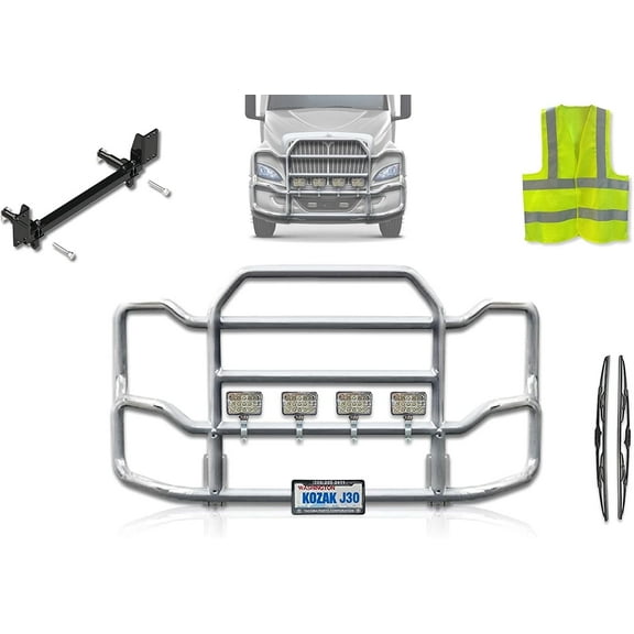Kozak Semi Truck International RH (Plastic Bumper w/ Central Fogs) Front Grille Deer Bumper Guard Large Chrome