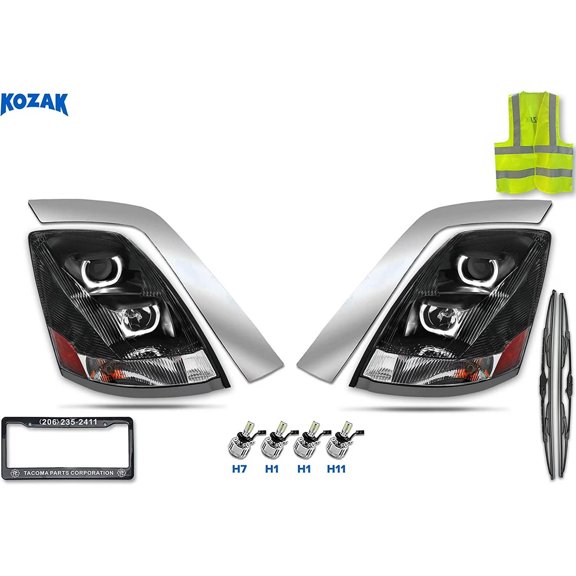 Kozak Compatible with Volvo VNL 2004-2017 Headlights Projection Black with LED bar Halos Set