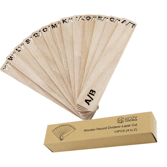 Kozy Home Dcor Alphabetical File Dividers - A-Z Lazer Cut Wooden Vinyl Record Dividers for Vertical & Horizontal Arrangement 14.17 x 2.4 Inches Wood Shelf Organizers