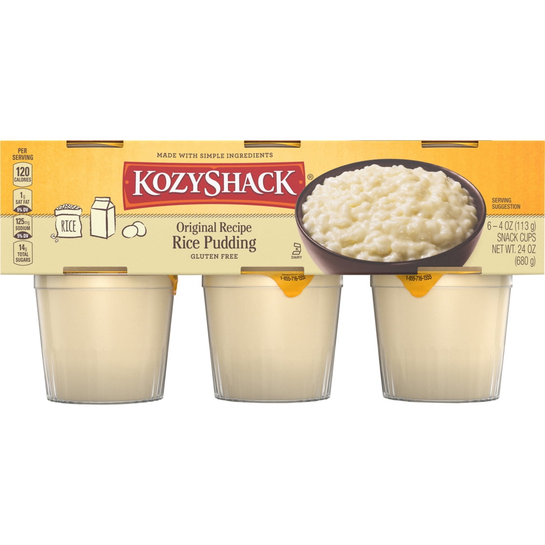 Kozy Shack  Rice Pudding, Gluten Free Dessert, 24 oz, 6 Count