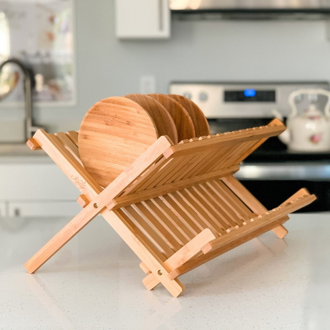 Natural Bamboo Foldable Dish Drying Rack with Two Tiers
