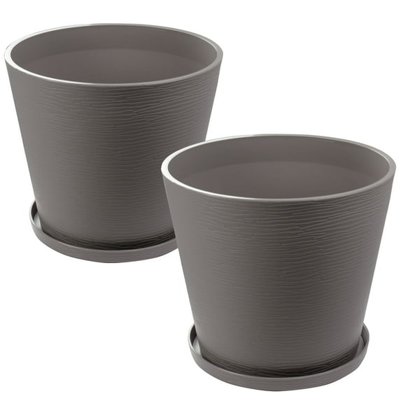 Kozyard 2Packs Round Planter Indoor Outdoor Plant Pots with Tray Collecting Water for Porch, Patio, Backyard Planters Modern Décor for Tall Plants Flowers GrayishBrown
