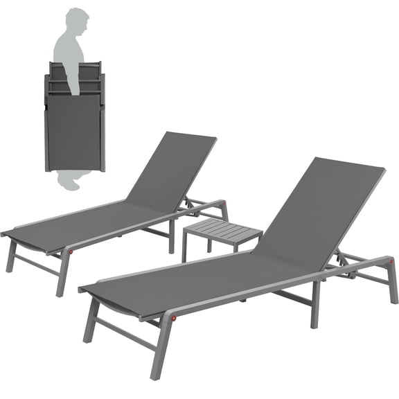Kozyard Outdoor Flat Foldable Lounge Chair with 5 Adjustable Backrest, Assemble-Free, Portable Aluminum Recliner(2 Pack, Gray With Table)