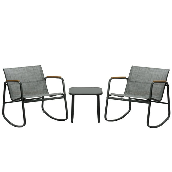 Kozyard 3 Piece Rocking Chair Set, Outdoor Rocking Bistro Set with Wooden Armrests, Outdoor Patio Furniture Set with Glass Table for Lawn, Porch, Yard, Garden, Balcony, Poolside(Gray)
