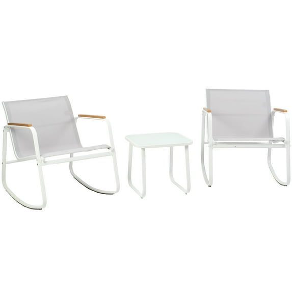 Kozyard 3 Piece Rocking Chair Set, Outdoor Rocking Bistro Set with Wooden Armrests, Outdoor Patio Furniture Set with Glass Table for Lawn, Porch, Yard, Garden, Balcony, Poolside(White)