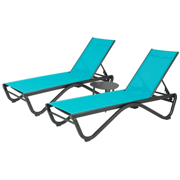 Kozyard Patio Chaise Lounge Chair Full Alumium Outdoor Reclining Adjustable Chair Flat Lounge Chair for Poolside,Sunbathing, Patio, Beach (Aqua, 2 Pack with Table)