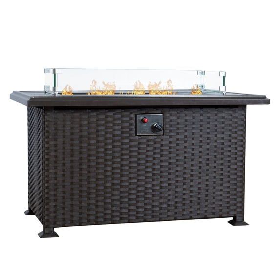 Kozyard 50,000 BTU Outdoor Wicker Patio Propane Gas Fire Pit Table w/Aluminum Tabletop, Glass Wind Guard, Clear Glass Rocks, Cover, Slide Out Tank Holder, and Lid (Brown)