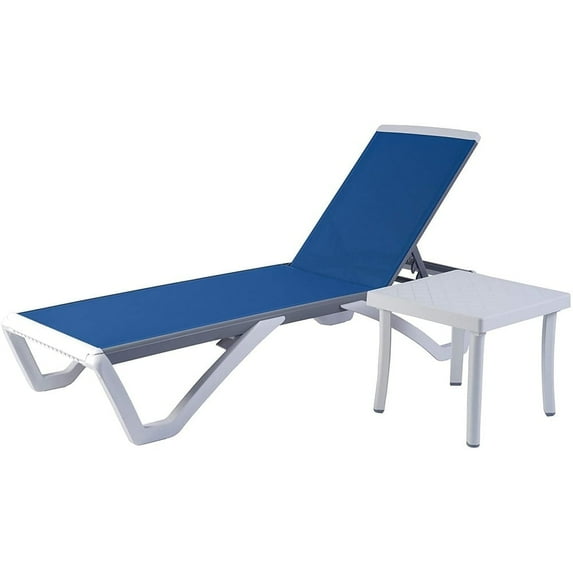 Kozyard Patio Chaise Lounge Chair - Full Flat Alumium & Resin Legs, Outdoor Reclining Adjustable Chair for Sunbathing, Perfect for Beach, Patio, Lounge Set or Patio Table (1 Pack Blue W/ Table)