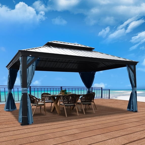 Kozyard Alexander 12' X 16' Hardtop Permanent Aluminum Metal Gazebo with Galvanized Steel Double Roof Canopy, Curtain and Netting, Gazebo Pavilion for Patio, Backyard, Deck, Lawn (Gray)