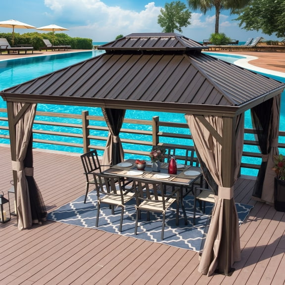 Kozyard Alexander 10' X 12' Hardtop Permanent Aluminum Metal Gazebo with Galvanized Steel Double Roof Canopy, Curtain and Netting, Gazebo Pavilion for Patio, Backyard, Deck, Lawn (Brown)