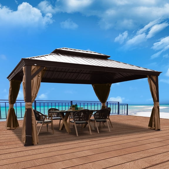 Kozyard Alexander 12' X 16' Hardtop Permanent Aluminum Metal Gazebo with Galvanized Steel Double Roof Canopy, Curtain and Netting, Gazebo Pavilion for Patio, Backyard, Deck, Lawn (Brown)