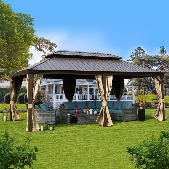 Kozyard Alexander 12' X 20' Hardtop Permanent Aluminum Metal Gazebo with Galvanized Steel Double Roof Canopy, Curtain and Netting, Gazebo Pavilion for Patio, Backyard, Deck, Lawn (Brown)
