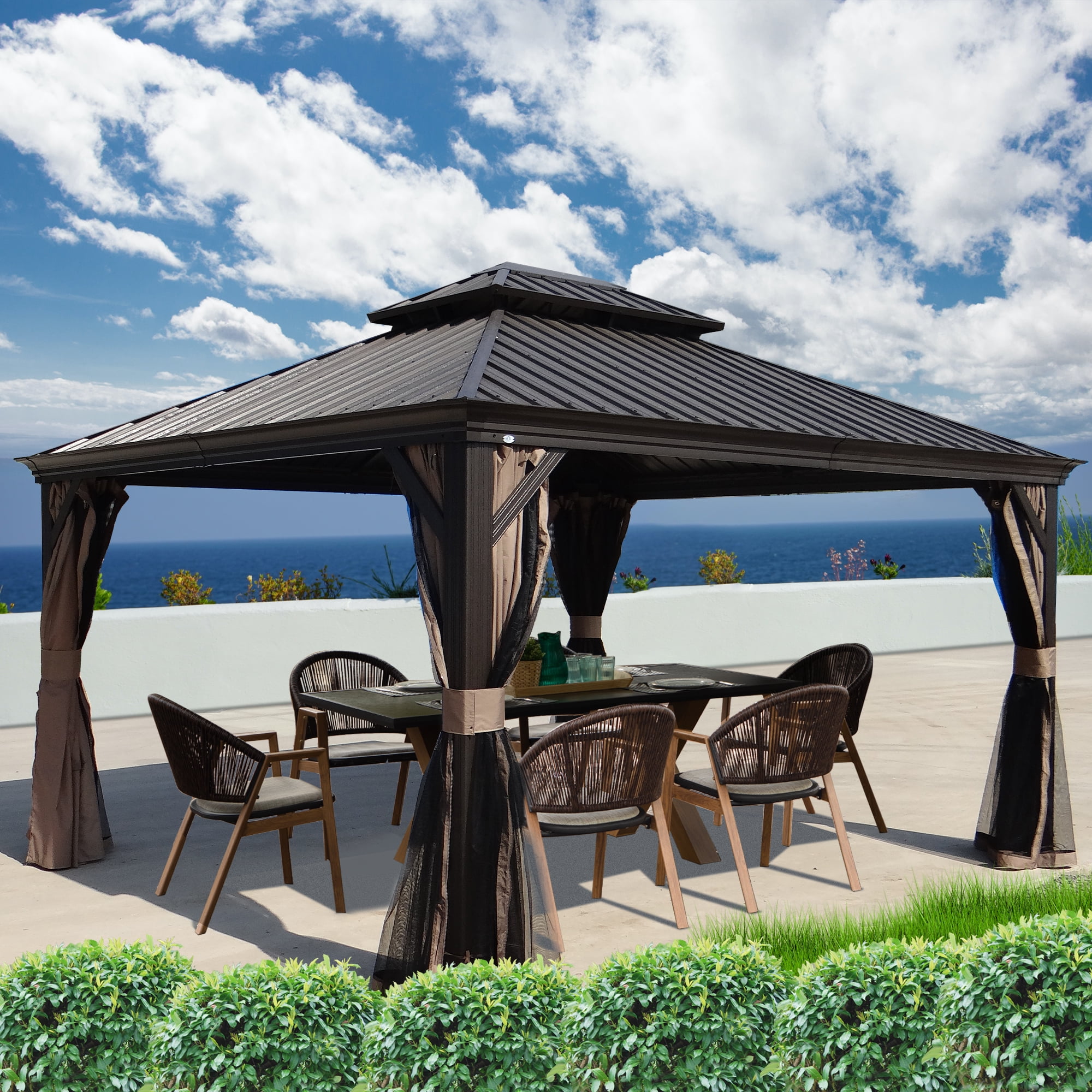Alexander 12'x14' Dark Brown Aluminum and Polycarbonate Hardtop Gazebo