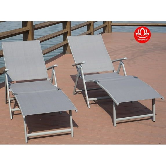 Kozyard Cozy Aluminum Reclining Lounge Chair - Foldable Outdoor Chaise Lounge with Drink Holder, Weather Free, Adjustable - Assemble-Free (2 Pack, Gray)