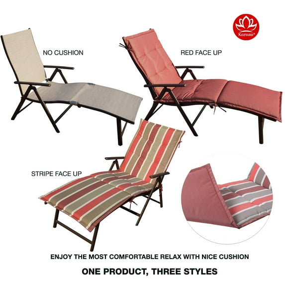 Kozyard Cozy Aluminum Reclining Lounge Chair - Foldable Outdoor Chaise Lounge with Drink Holder, Weather Free, Adjustable - Assemble-Free (Beige with Beige Strip Cushion)