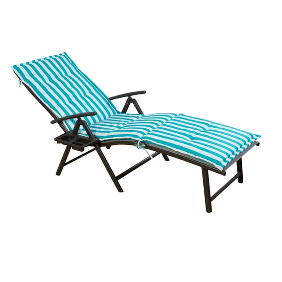 Kozyard Cozy Aluminum Reclining Lounge Chair - Foldable Outdoor Chaise Lounge with Drink Holder, Weather Free, Adjustable - Assemble-Free (Beige with Blue Strip Cushion)