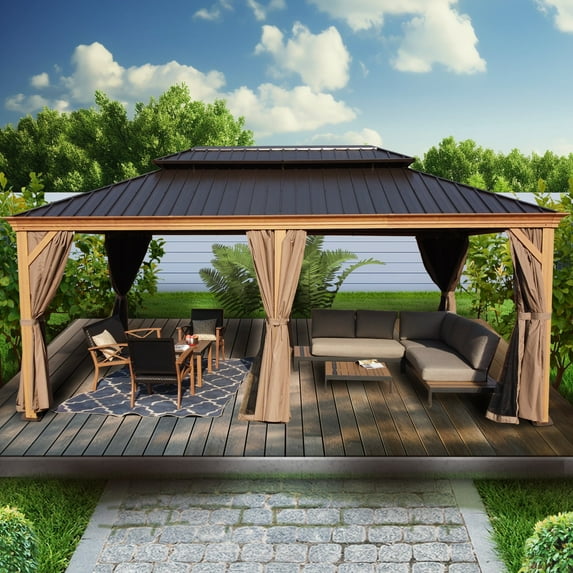 Kozyard Apollo 12’x20’ Hardtop Gazebo, Wooden Coated Aluminum Frame with Galvanized Steel Double Roof, Outdoor Permanent Metal Pavilion with Netting for Patio, Deck and Lawn (12ft x 20ft)