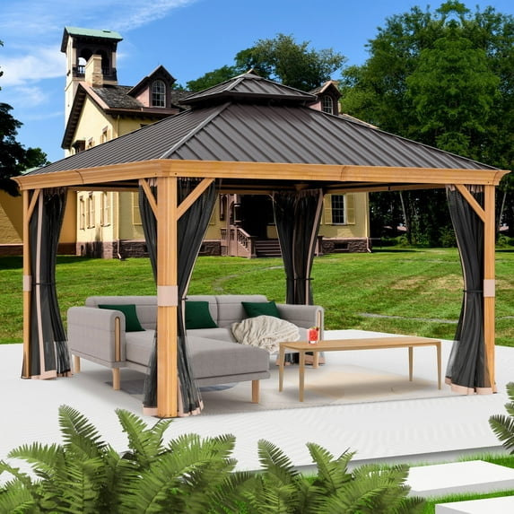 Kozyard Apollo 12’x12’ Hardtop Gazebo, Wooden Coated Aluminum Frame with Galvanized Steel Double Roof, Outdoor Permanent Metal Pavilion with Netting for Patio, Deck and Lawn (12ft x 12ft)