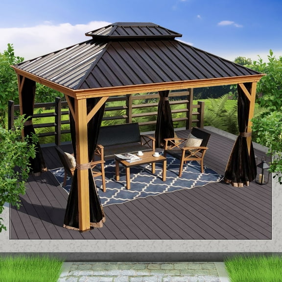 Kozyard Apollo 10’x12’ Hardtop Gazebo, Wooden Coated Aluminum Frame with Galvanized Steel Double Roof, Outdoor Permanent Metal Pavilion with Netting for Patio, Deck and Lawn (10ft x 12ft)