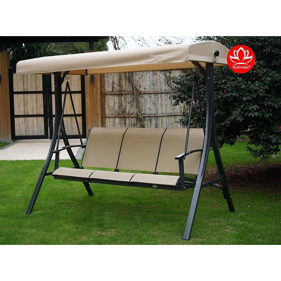 Kozyard Brenda 3-Seat Patio Swing Chair, Outdoor Porch Swing Glider with Adjustable Canopy, Side Pouches, Breathable Seat and Back, for Garden, Poolside, Backyard (Beige)