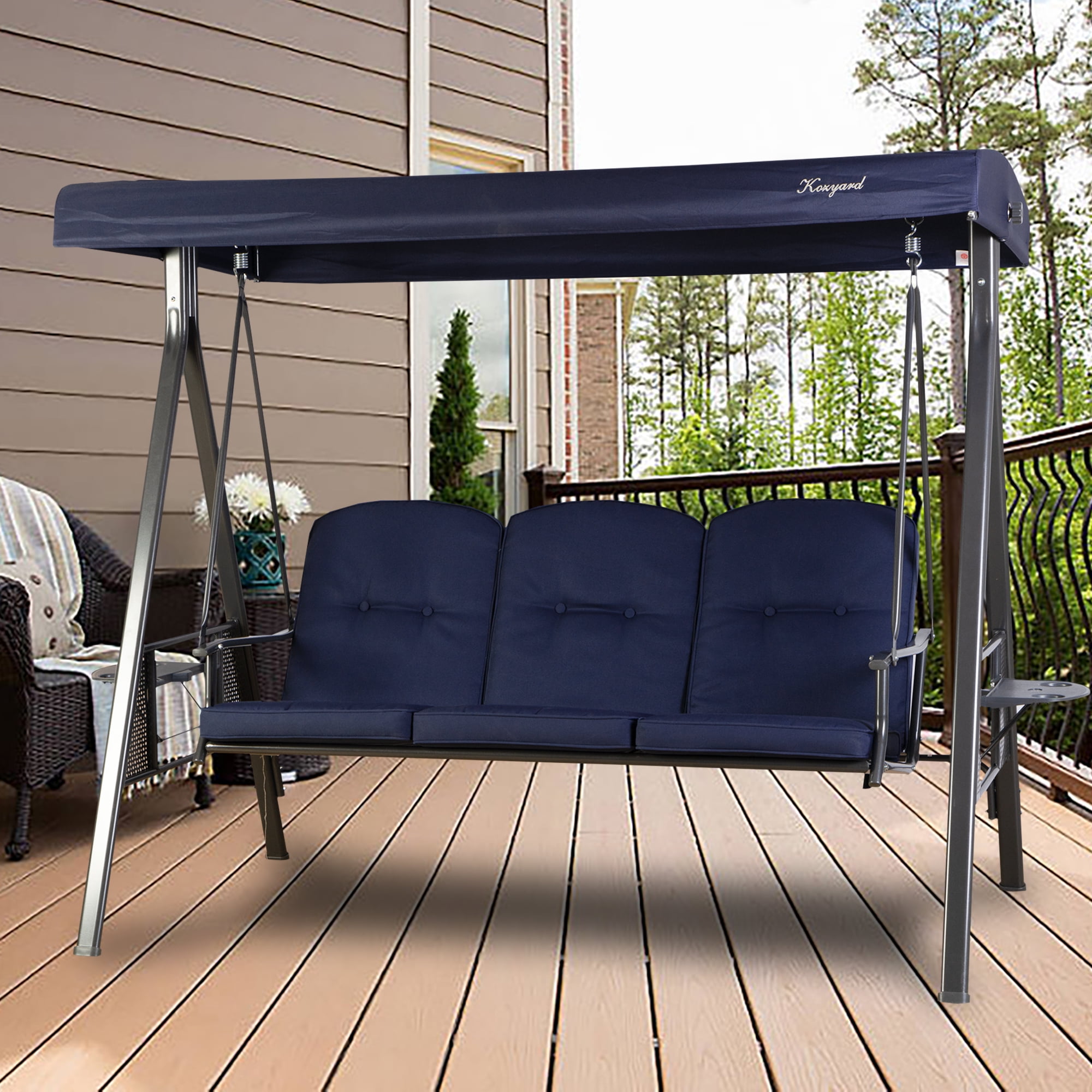 Kozyard Herbert 3-Seat Deluxe Patio Swing, Comfortable Cushion, Navy ...